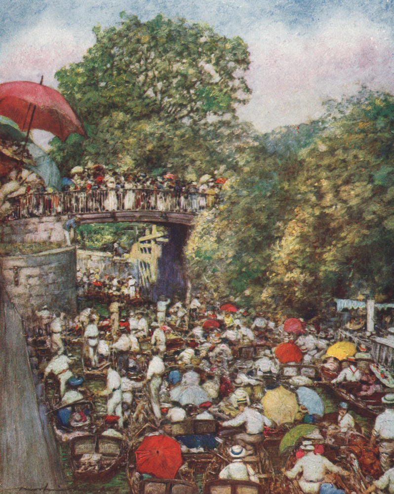 'Boulter's Lock, Ascot Sunday' by Mortimer Menpes. Berkshire 1906 old print